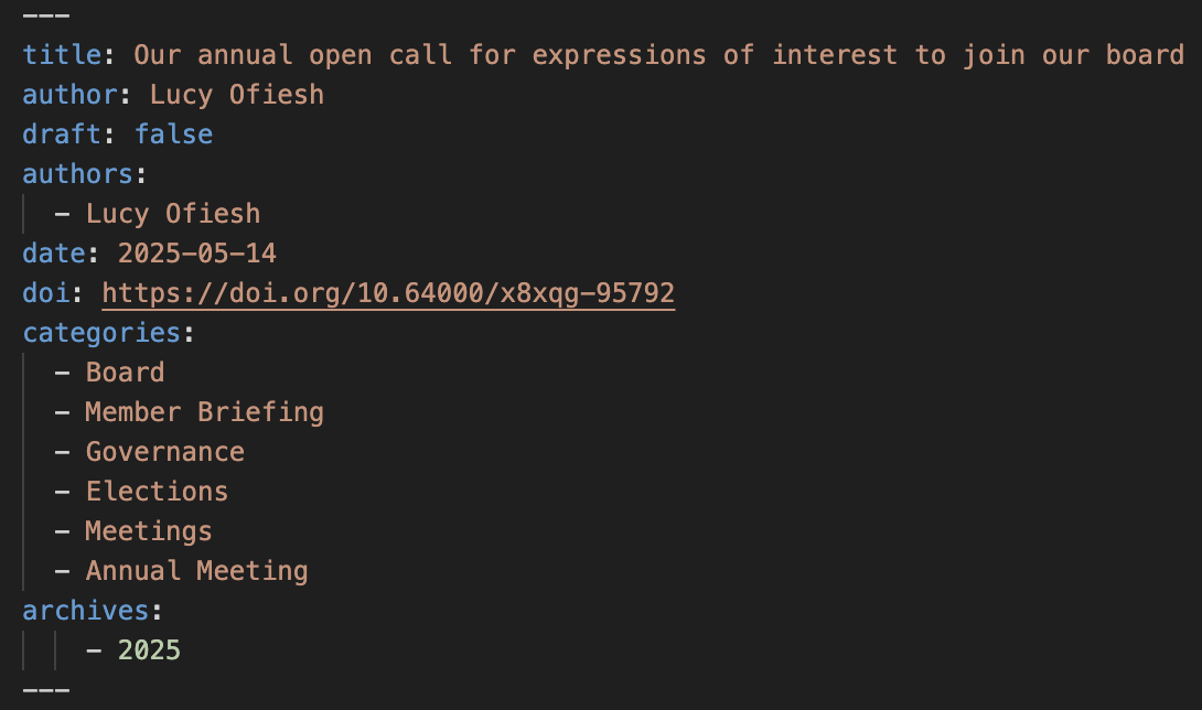 Screenshot of the front matter of a Crossref blog post in Hugo