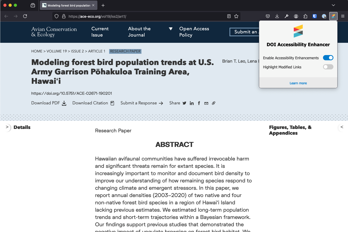 The Crossref DOI Accessibility Enhancer browser extension running in Firefox
