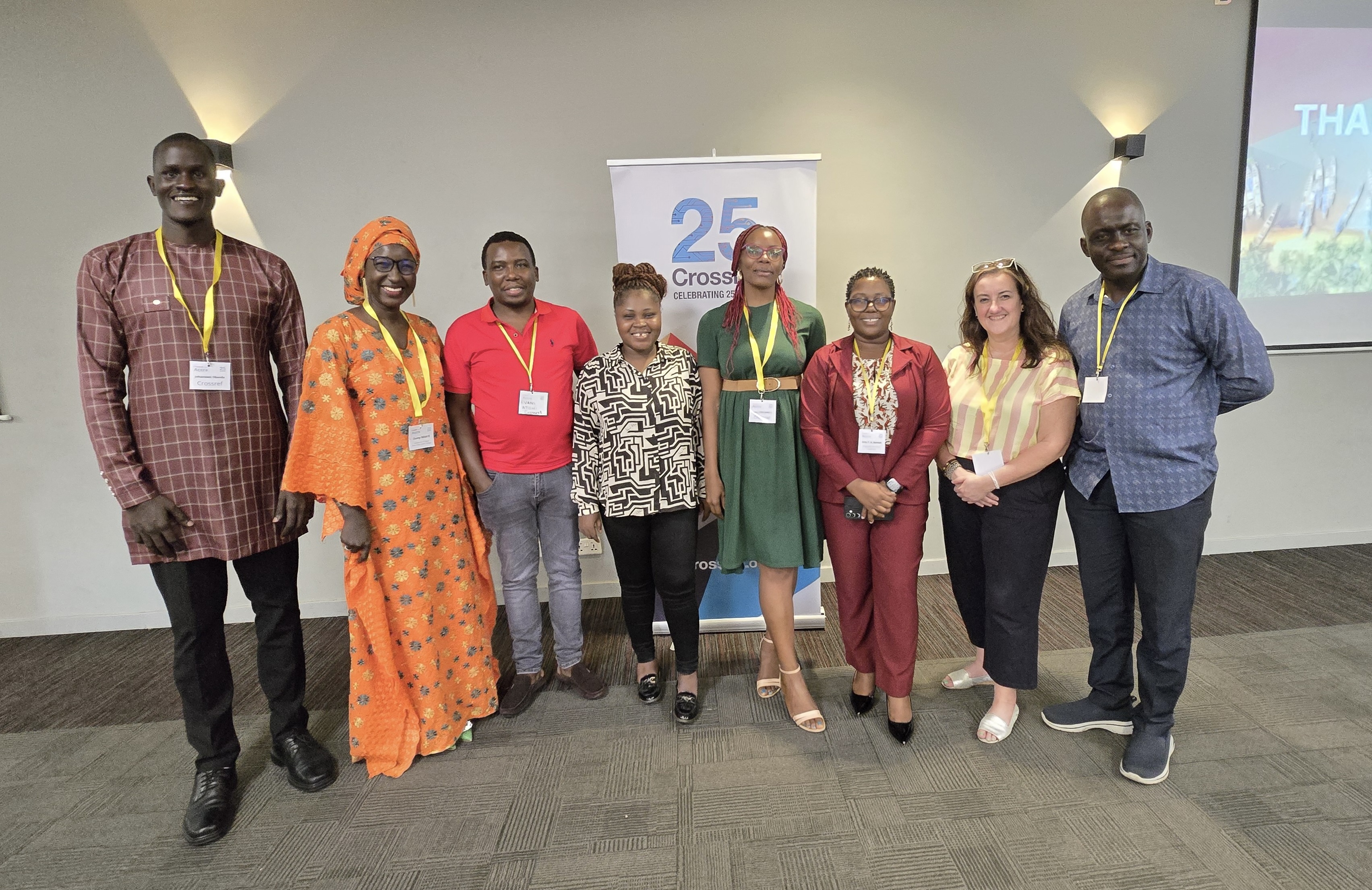 Photo: Crossref staff and ambassadors with member Amy Asimah from Regional Maritime University. Pictured: Johanssen Obanda, Oumy Ndiaye, Evans Atoni, Patience Mbum, Audrey Kenni Nganmeni, Ginny Hendricks, and Richard Lamptey.