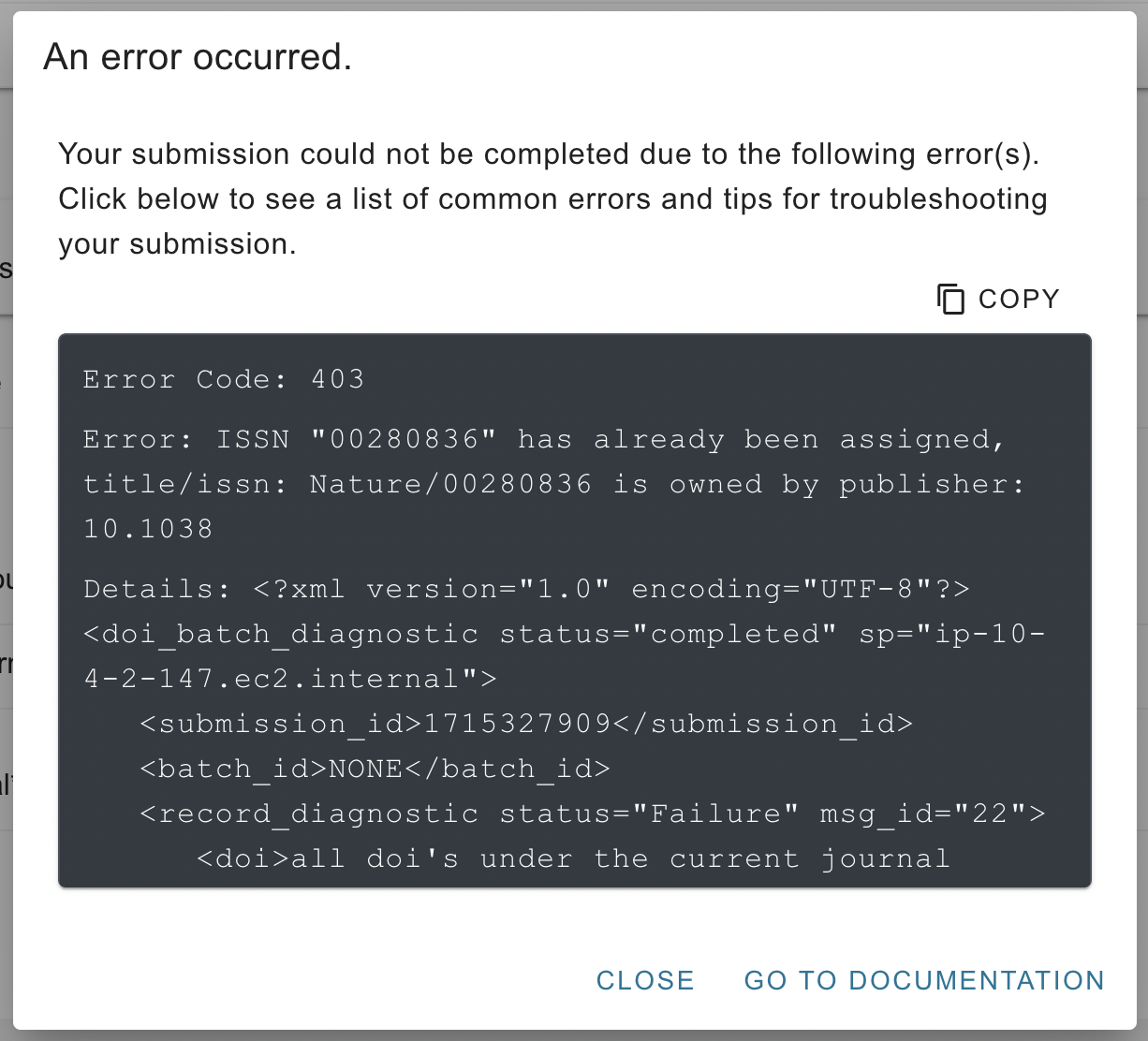 Journal article submission error popup