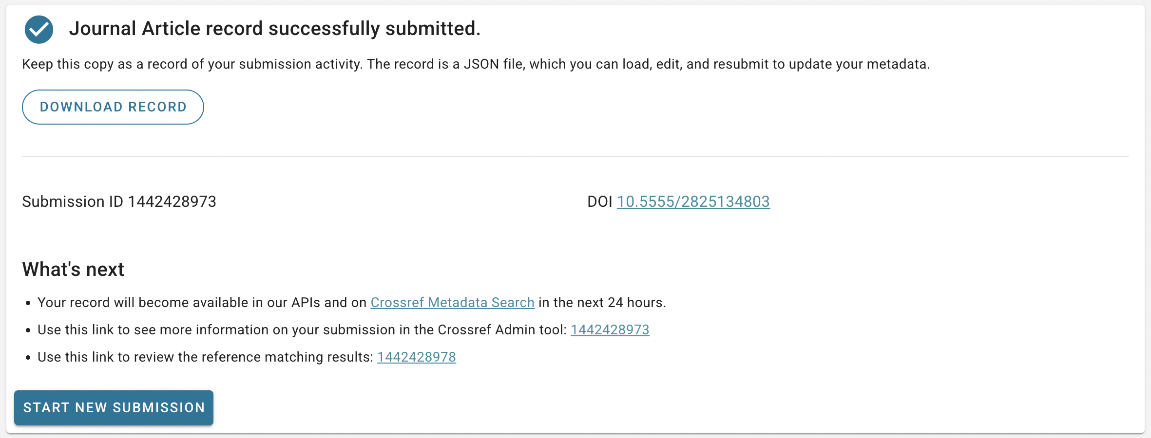 Journal article submission success page
